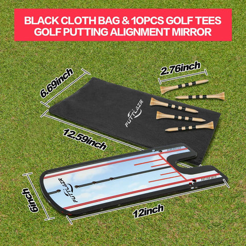 Golf Putting Mirror With Six Tees Training Aid, 12x6 Inch Red Mirror, Carry Pouch, and Tees on Grass