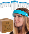 Woman wearing Ultra Clear Full Face Shield Pack Of 200 In 20 Packs Of 10, Pro Grade Anti Fog PET Plastic Shield with packaging box.