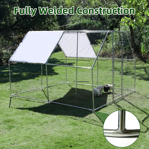 Walk In Metal Chicken Coop With Cover And Perch For Outdoor Backyard Use, Large Enclosure For Chickens Ducks And Rabbits, 118 Inch Long by 118 Inch Wide By 78.7 Inch High, shown with fully welded construction, set on grass.