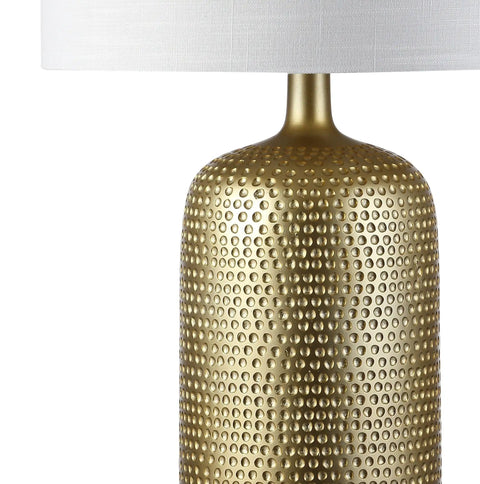 Gold Modern Resin Table Lamp 30 Inch Tall With White Linen Drum Shade Glam Contemporary Bedside Light For Living Room And Bedroom UL Listed LED Bulb Included Easy Plug In Vibe with textured gold base and white shade.
