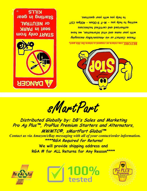 Warning signs including 'Stop' and 'Danger' with instructions, featuring Pro Ag Plus branding and contact details for sMartPart.
