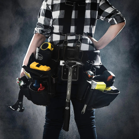 Worker with tool belt holding Heavy Duty Steel Hammer With Milled Face 22 Oz For Demolition Drywall And Wood One Piece Forged Steel I Beam Shaft For Extra Strength Magnetic Nail Set Front Of Head Nail Pull Made In USA.