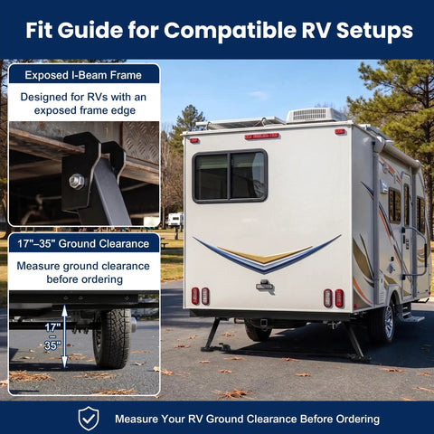 Fit guide image for Bounce Killer RV I Beam Stabilizer Jack showing I beam frame and 17"-35" ground clearance details.