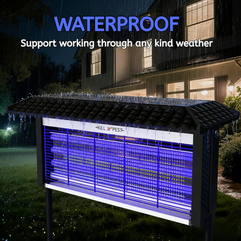 Solar Powered Bug Zapper For Outdoor Use Waterproof Backyard Mosquito And Fly Killer 4500V Grid illuminated in rain