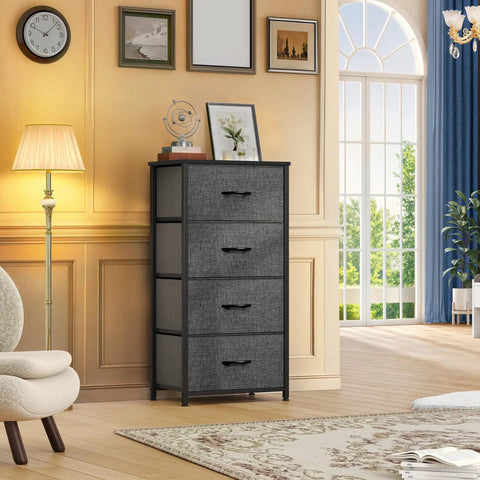 Four Drawer Fabric Storage Tower With Steel Frame And Wooden Top Built Tough For Bedroom Living Room And Closets Easy Pull Fabric Bins Removable Drawers Keeps Space Neat And Organized showcasing its sturdy design in a cozy living room corner.