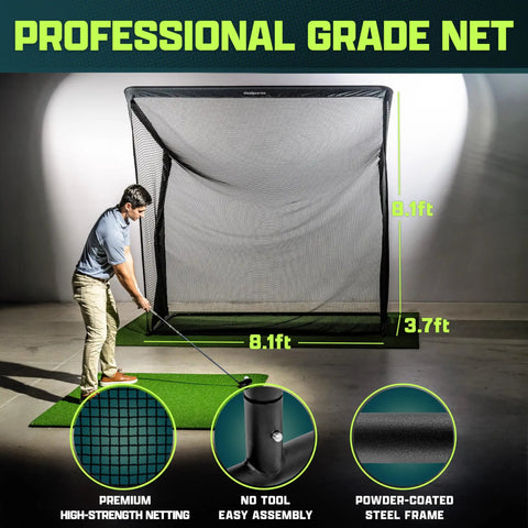 Elite Golf Net With LoftGuard Canopy And Steel Frame 8 By 8 Foot Practice Hitting Net For Indoor And Outdoor Use Built For High Launch Shots Wedge Gapping And Consistency shown with dimensions and features.
