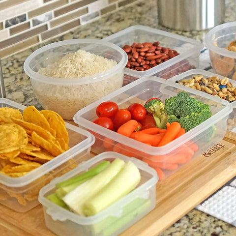 16 Piece Clip Lock Food Storage Set with Airtight Lids For Meal Prep And Kitchen Organization, showing containers with food.