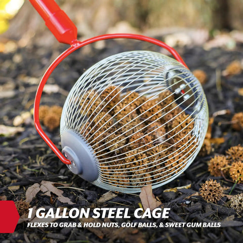 Back Saving Nut Gatherer Roller For Pecans Hickory Nuts Golf Balls And More Yard Picker Upper With Durable Steel Cage And Ergonomic Handle No Bending Needed Easy Roll Action Newest Model collecting nuts in 1-gallon steel cage