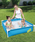 Kid Friendly First Frame Pool 48 Inch By 12 Inch Blue Backyard Splash Zone with Rust-Resistant Metal Frame and family playing