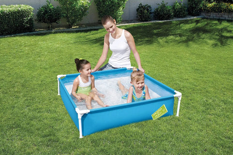 Kid Friendly First Frame Pool 48 Inch By 12 Inch Blue Backyard Splash Zone with Rust-Resistant Metal Frame and family playing