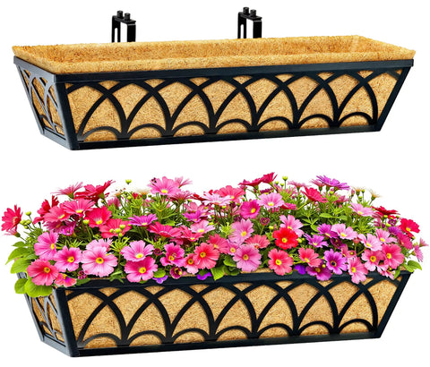 24 Inch Railing Planter Box Set With Adjustable Brackets And Coco Liners 2 Pack Balcony Deck Flower Boxes For Windows And Railings Weatherproof Metal Planters For Outdoor Garden Decor featuring floral display