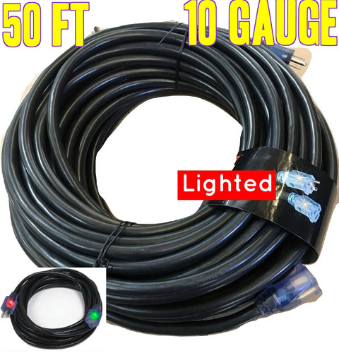 50 Foot 10 Gauge Power Extension Cord With Lighted Ends, 10 3 Contractor Grade Heavy Duty Tough As Nails Indoor Outdoor SJTW, 1875 Watt, 3 Prong, Flexible Copper Black