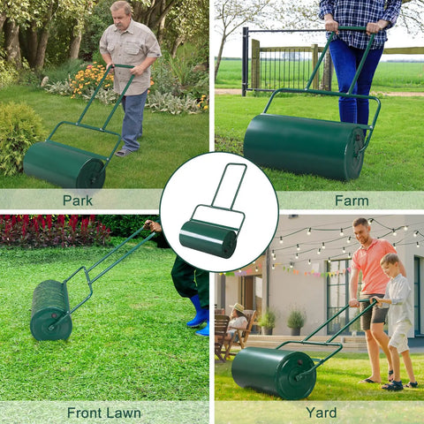 24 Inch Tow Behind Lawn Roller With 13 Gallon Water Or Sand Fill U Shaped Handle Easy Push Or Pull Setup For Seed Bedding