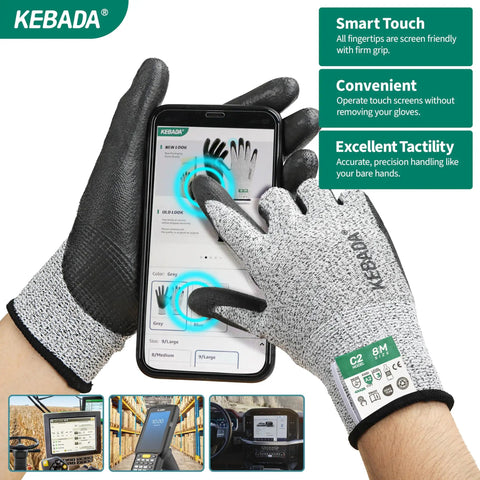 Person using smartphone while wearing Cut Resistant Gloves ANSI A2 Rated, High-Performance HPPE And Glass Fiber Blend With PU Coating, Touchscreen Compatible, Durable Multi-Purpose Work Gloves Model C2, 3 Pairs, Size Large.