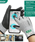 Cut Resistant Gloves With ANSI A2 Rating HPPE And Glass Fiber Blend PU Coated Grippy Hands Touchscreen Friendly Multi Purpose Work Gloves Model C2 Includes 3 Pairs In X Large Size being demonstrated on a touchscreen device.
