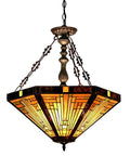 Innes Tiffany Style Mission 3 Light Inverted Ceiling Pendant With Shade in Bronze Finish, geometric design, hardwired fixture