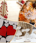 Unfinished basswood craft shapes for laser cutting; includes trees, hearts, snowflake, and angel figures.