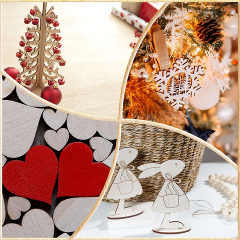 Unfinished basswood craft shapes for laser cutting; includes trees, hearts, snowflake, and angel figures.