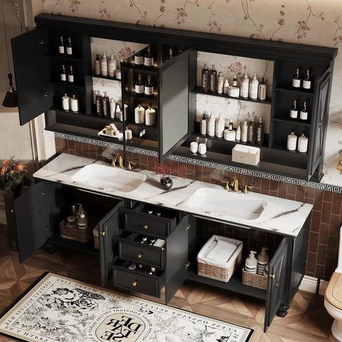 Fierce French Retro Double Sink Bathroom Vanity With Built In Led Defog Mirror And Dang Solid Freestanding Wood Cabinet For Super Sleek Luxury Bath Upgrade Projects with storage and marble top.