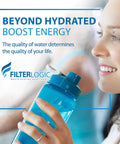 Woman drinking water with FilterLogic bottle, highlighting benefits of NSF certified Replacement Water Filter For Filtrete 3US-PF01 And 3US-MAX Series.