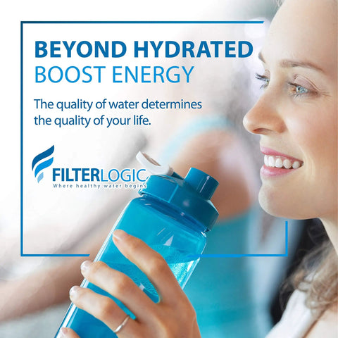 Woman drinking water with FilterLogic bottle, highlighting benefits of NSF certified Replacement Water Filter For Filtrete 3US-PF01 And 3US-MAX Series.