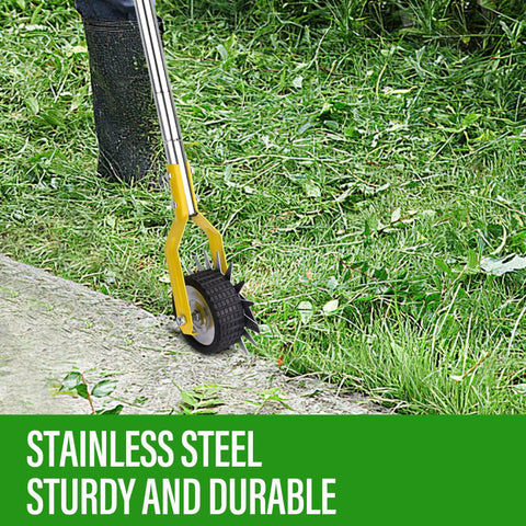 Rotary Lawn Edger With 58 Inch Adjustable Handle cutting clean edges along a driveway, durable stainless steel build.