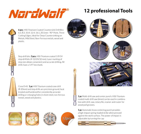 12 Piece HSS Titanium Drill Bit Set With Metric Step Drills 5 9 14 Steps And Cone Drill 4 12 20 32 MM Countersink Bits 6 Sizes