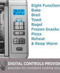 Close-up of digital controls on Six Slice Digital Convection Countertop Toaster Oven With Stainless Steel Finish, function options visible