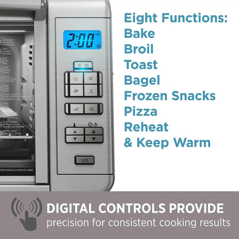 Close-up of digital controls on Six Slice Digital Convection Countertop Toaster Oven With Stainless Steel Finish, function options visible