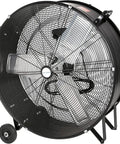 Front view of Beastly 30 Inch High Velocity Drum Fan With 13000 CFM High And 9000 CFM Low 2 Speed Heavy Duty Industrial Shop Fan for garage use.