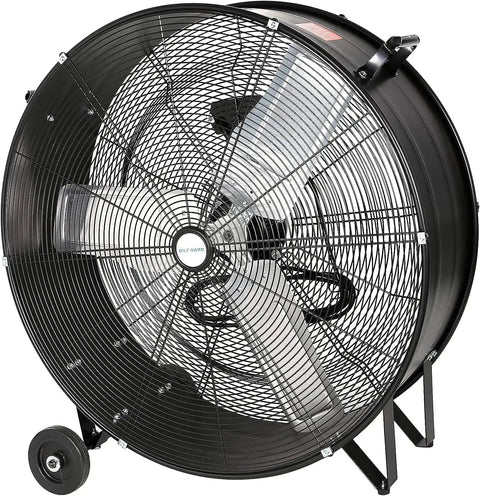 Front view of Beastly 30 Inch High Velocity Drum Fan With 13000 CFM High And 9000 CFM Low 2 Speed Heavy Duty Industrial Shop Fan for garage use.