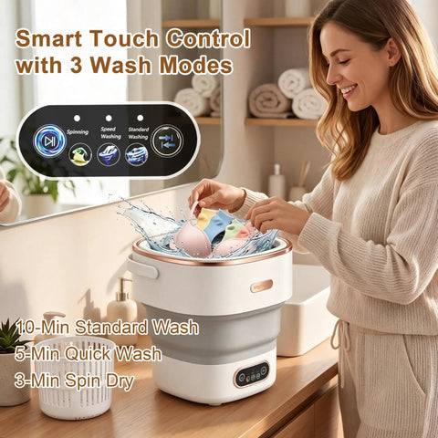 Kick Laundry Day To The Curb With This Portable Folding Mini Washer Offering Straight Up Fresh Results In A Sixteen Liter Drum Built For Underwear Socks And Travel Friendly Laundry, showcasing smart touch control and wash modes.