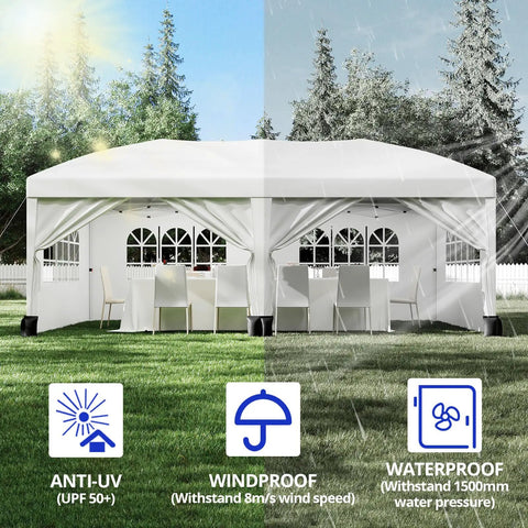10x20 Heavy Duty Pop Up Canopy With 6 Removable Sidewalls Commercial Wedding Tent And Event Shelter Rustproof Powder Coated Frame Portable Storage Bag Quick Setup For Patio Backyard And Outdoor Use White installed in a yard.