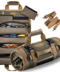 Roll Up Tool Bag Organizer For Dad Heavy Duty Motorcycle Tool Roll Bag With Detachable Pouches shown open and closed