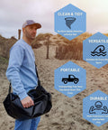 Man holding 32 Inch Wetsuit Changing Mat Bag With Shoulder Strap Waterproof Wet Suit Carrier, beach background with features listed.