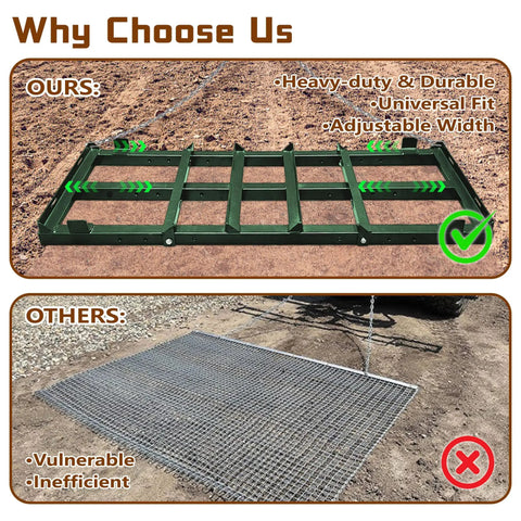 Comparison of Heavy Duty Drag Harrow Driveway Grader For Gravel Tow Behind Lawn Rake highlighting durability