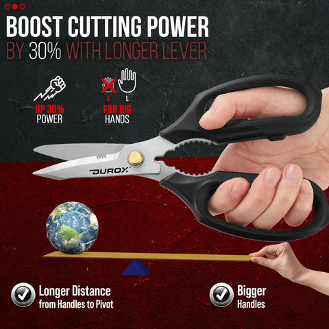 Heavy Duty Multipurpose Scissors For Home And Workshop Cut Leather Cardboard Carpet Plastic Rope Meat Poultry Bones Kitchen Shears For DIY Garden Garage Projects Designed For Tough Daily Use By Pros And DIY Folks And Home Makers showing 30% more cutting power