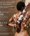 African Net Sponge Exfoliating Bath Loofah in use for deep back cleansing under a shower, highlighting stretch and lathering features.