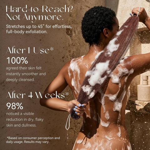 African Net Sponge Exfoliating Bath Loofah in use for deep back cleansing under a shower, highlighting stretch and lathering features.