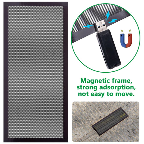 8 Pack Magnetic Floor Vent Covers 5.5x12 Inch Rectangle PVC Mesh Screen with magnetic frame illustration and vent in use