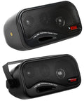 Front and side view of Beefy 3 Inch Enclosed Box Marine Grade Stereo Speakers Pair With 200 Watts Peak Power, 3 Way Full Range Audio