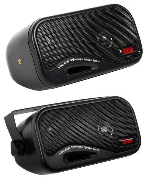 Front and side view of Beefy 3 Inch Enclosed Box Marine Grade Stereo Speakers Pair With 200 Watts Peak Power, 3 Way Full Range Audio