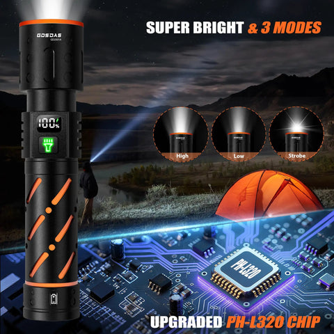 Hella Bright Rechargeable Flashlight With 30W LED 100000 Lumens showing LCD display and modes, camping scene in background