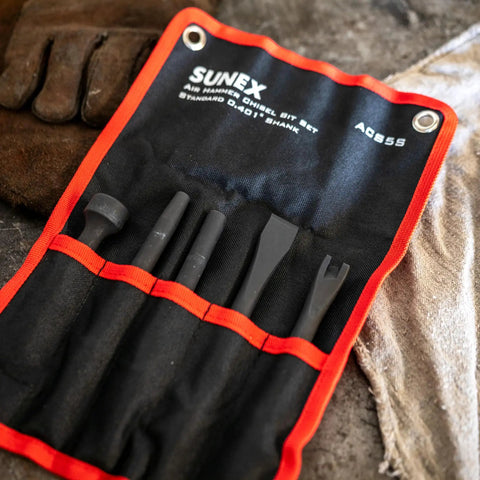 Air Hammer Chisel Set In Portable Tool Roll, 5-Piece With Beefy Bits And.401 Shank, Heavy-Duty Demolition Kit