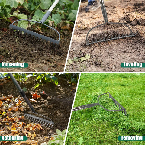Heavy Duty Bow Rake For Leaves And Lawn Care, 48 Inch Handle With Back Saving Grip, 14 Metal Tines for soil in action