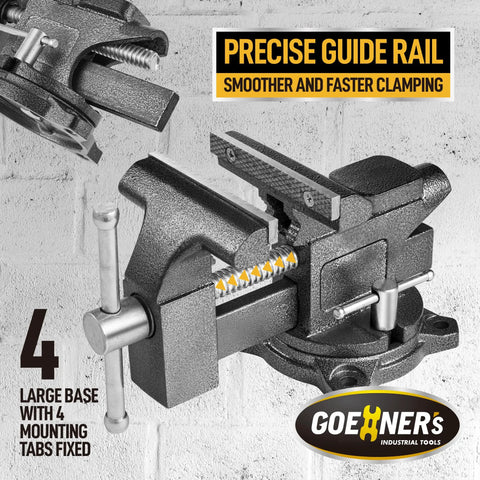 Four And A Half Inch Bench Vise With Heavy Duty Forged Steel Construction Built In Pipe Jaw And Swivel Base For Woodworking