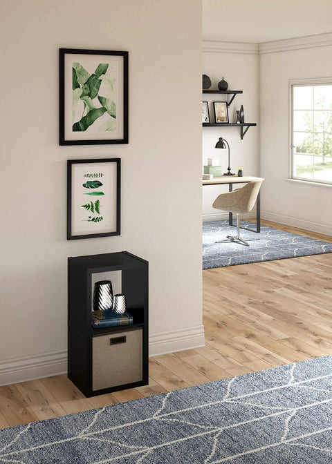 2-Cube Open Back Storage Organizer in black with sturdy frame, fits 13-in bins, placed near wall with framed art in living space