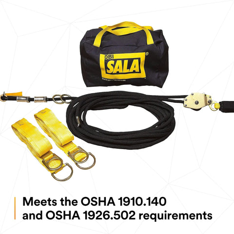 Rock Solid Horizontal Lifeline System With Heavy Duty Kernmantle Rope And Zero Hassle Tensioner, Integrated Energy Absorber, Quick Snap Tie Off Hooks, Duffel Carry Case, Straight Up Fall Protection Gear For Busy Crews