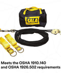 90 Foot Horizontal Lifeline System With Static Kernmantle Rope And Energy Absorber For Industrial Fall Protection Includes Two Six Foot Tie Off Adaptors Tensioner And Portable Black Bag in kit with black rope and yellow accessories.