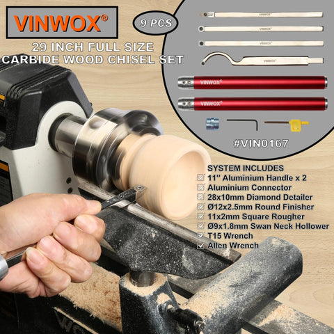 VINWOX 9-piece carbide wood lathe tool set with red aluminum handles and stainless steel shanks, front view
